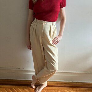 Vintage Cream Wool Pleated Straight Leg Lined High Rise Trousers Pants Sz 14